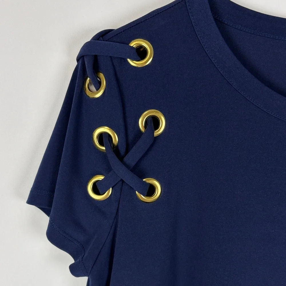 Michael Kors Navy Grommet Lace Up Shoulder Shift Dress Medium Gold